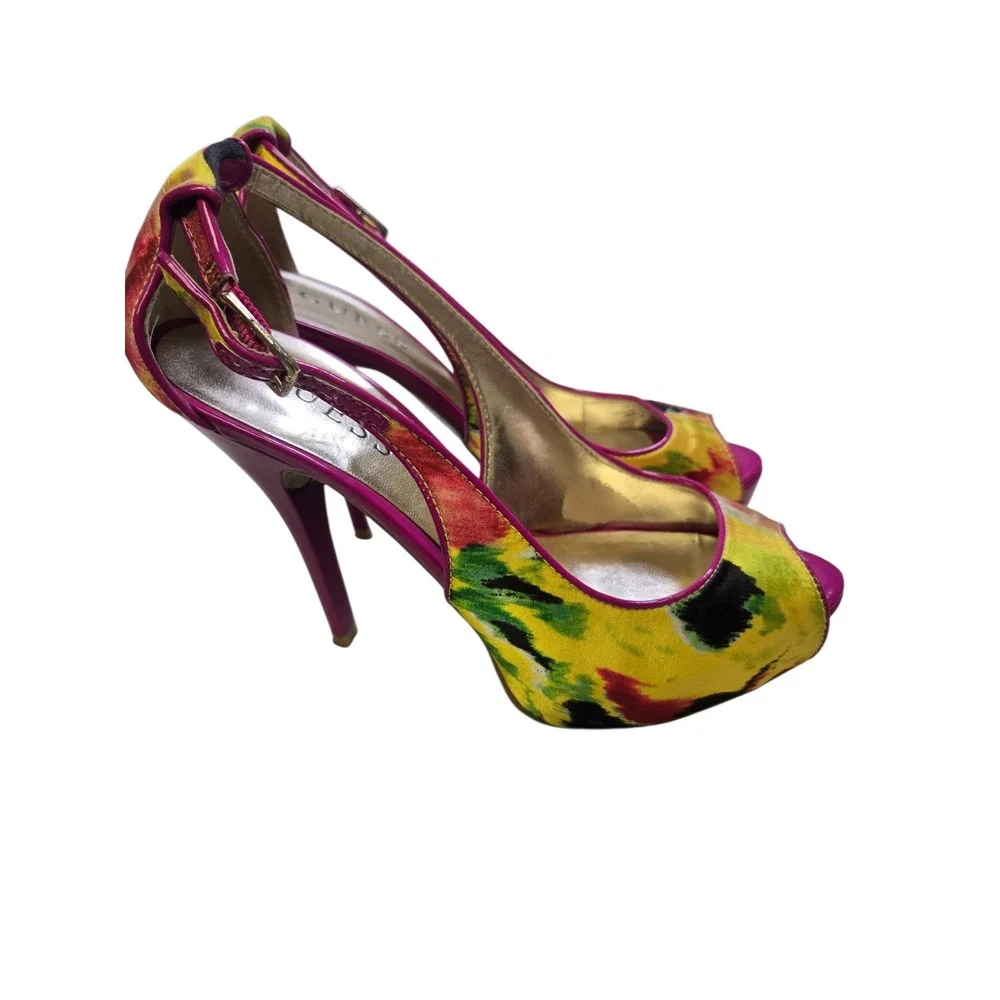 Guess GWHONDOLA Floral Peep Toe Platform Heels Pink‎ Yellow Magenta Womens 6M